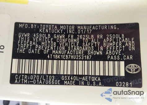 2017 Toyota Avalon Touring from USA, damaged, VIN 4T1BK1EB7HU253187